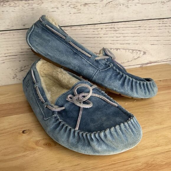 UGG Suede Fur Lined Bow Loafers Slippers Moccasins Women Size 10 Blue - Picture 1 of 12